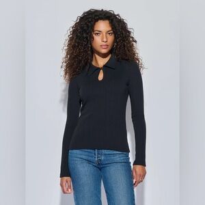 Black Ribbed Long-Sleeve Polo Top with Keyhole